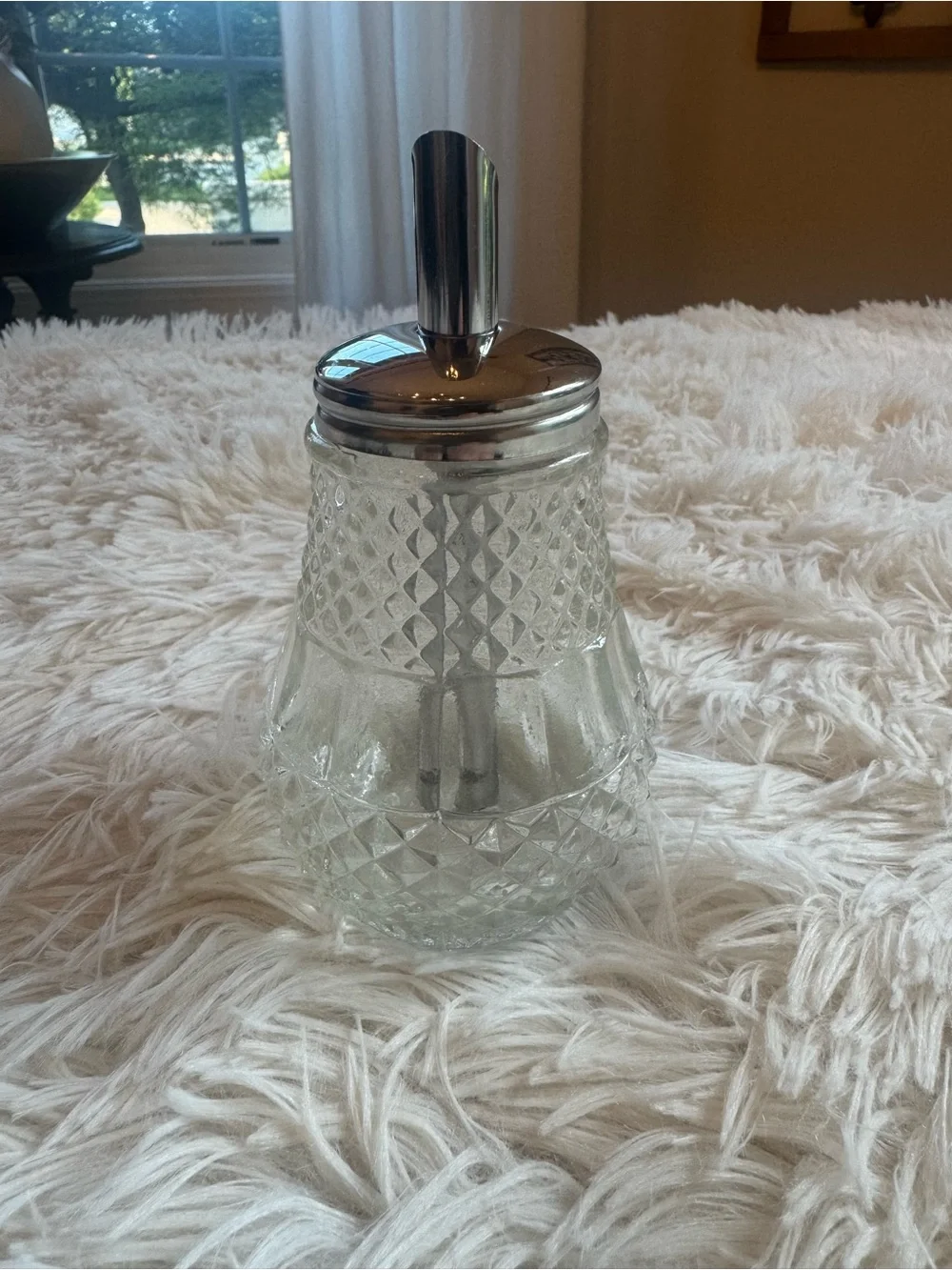 Diamond Cut Glass Sugar Pourer with Silver Lid